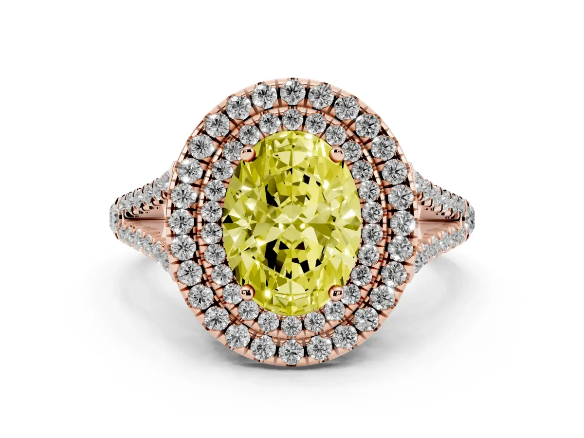 Fancy Yellow Oval Cut Diamond Double Halo Ring with Pavé Band and Prong Setting Rose gold