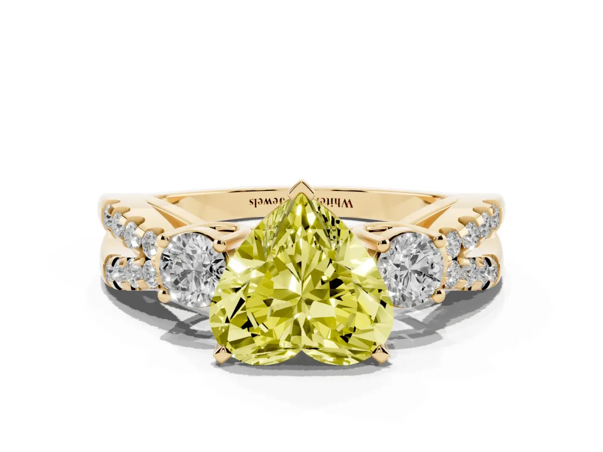 Fancy Yellow Heart Cut Diamond Three-Stone Ring with Pavé Split Shank and Four-Prong Setting Yellow gold
