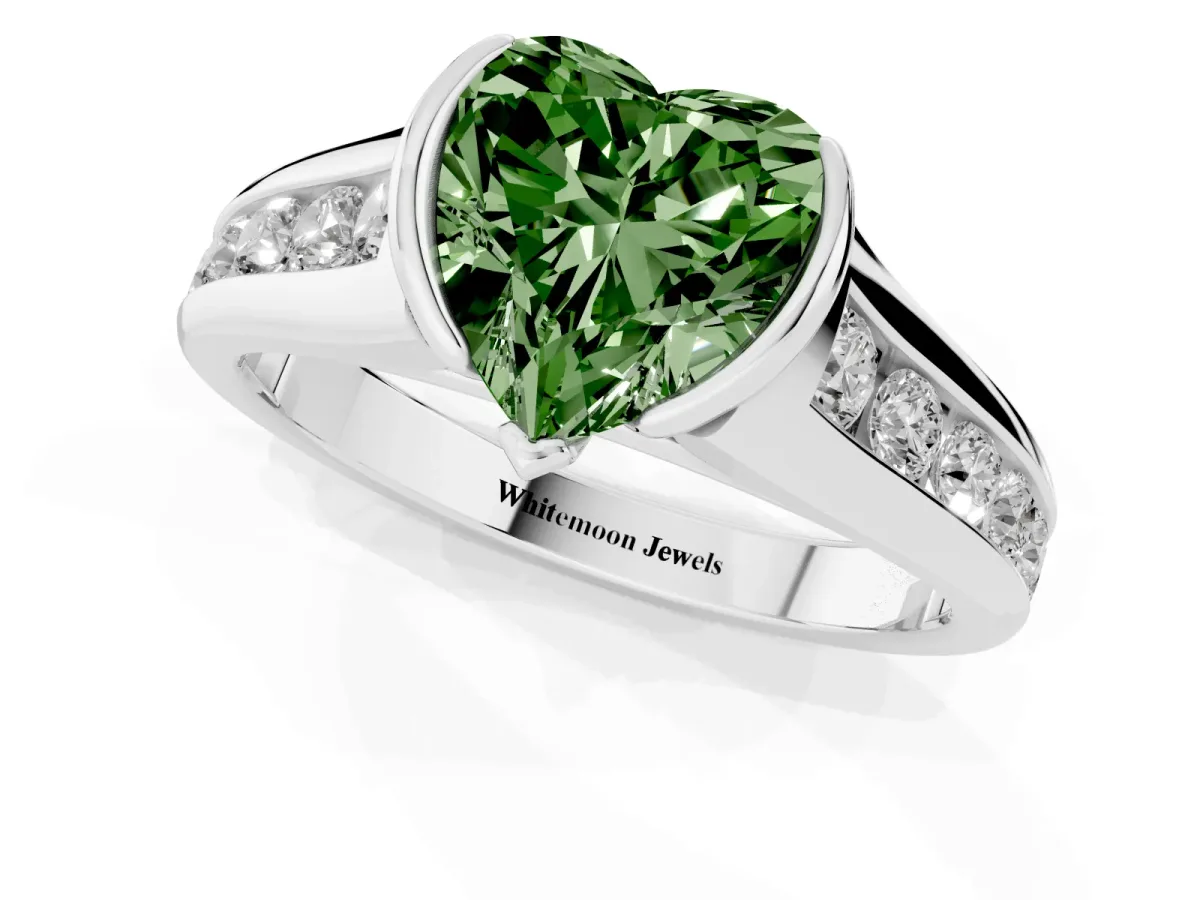 Fancy Green Heart Cut Solitaire Bezel-Set Diamond Ring with Channel-Set Band Silver