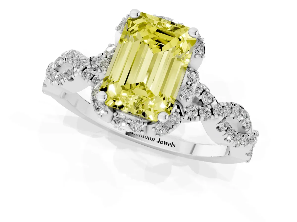 Fancy Yellow Emerald Cut Halo Twist Band Solitaire Ring with Six-Prong Setting Silver