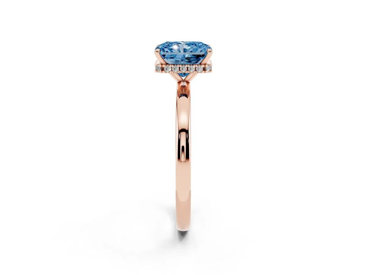 Fancy Blue Radiant Cut Solitaire Engagement Ring with Cathedral Band and Four-Prong Setting Rose gold