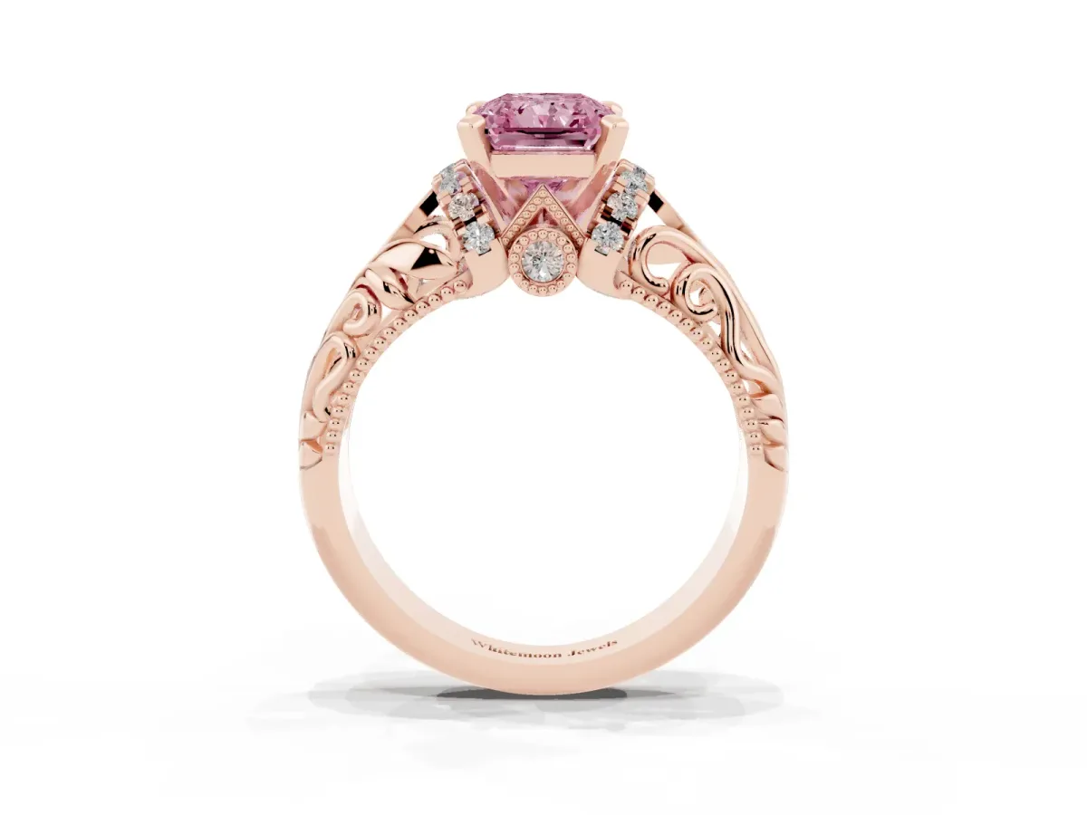 Fancy Pink Radiant Cut Solitaire Filigree Engagement Ring with Halo and Prong Setting Rose gold