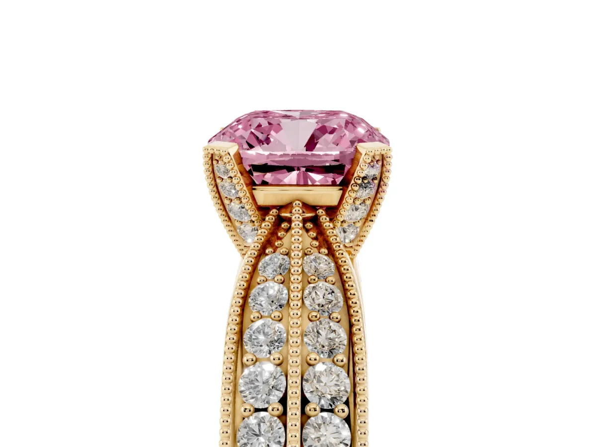 Fancy Pink Cushion Cut Diamond Solitaire Ring with Milgrain Round Pavé Band and Prong Setting Yellow gold