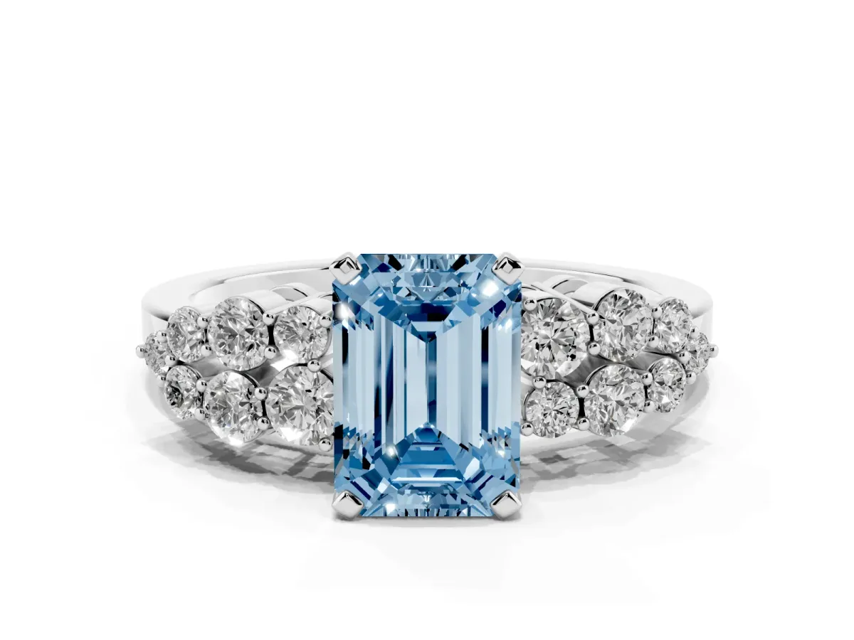 Fancy Blue Emerald Cut Cluster Diamond Engagement Ring with Pavé Band and Four-Prong Setting Silver