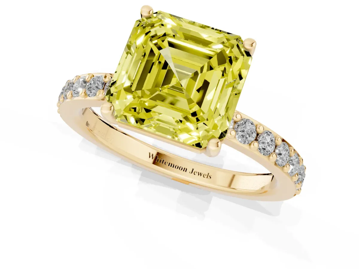 Fancy Yellow Asscher Cut Cut Diamond Solitaire with Pave Band and Four-Prong Setting Yellow gold