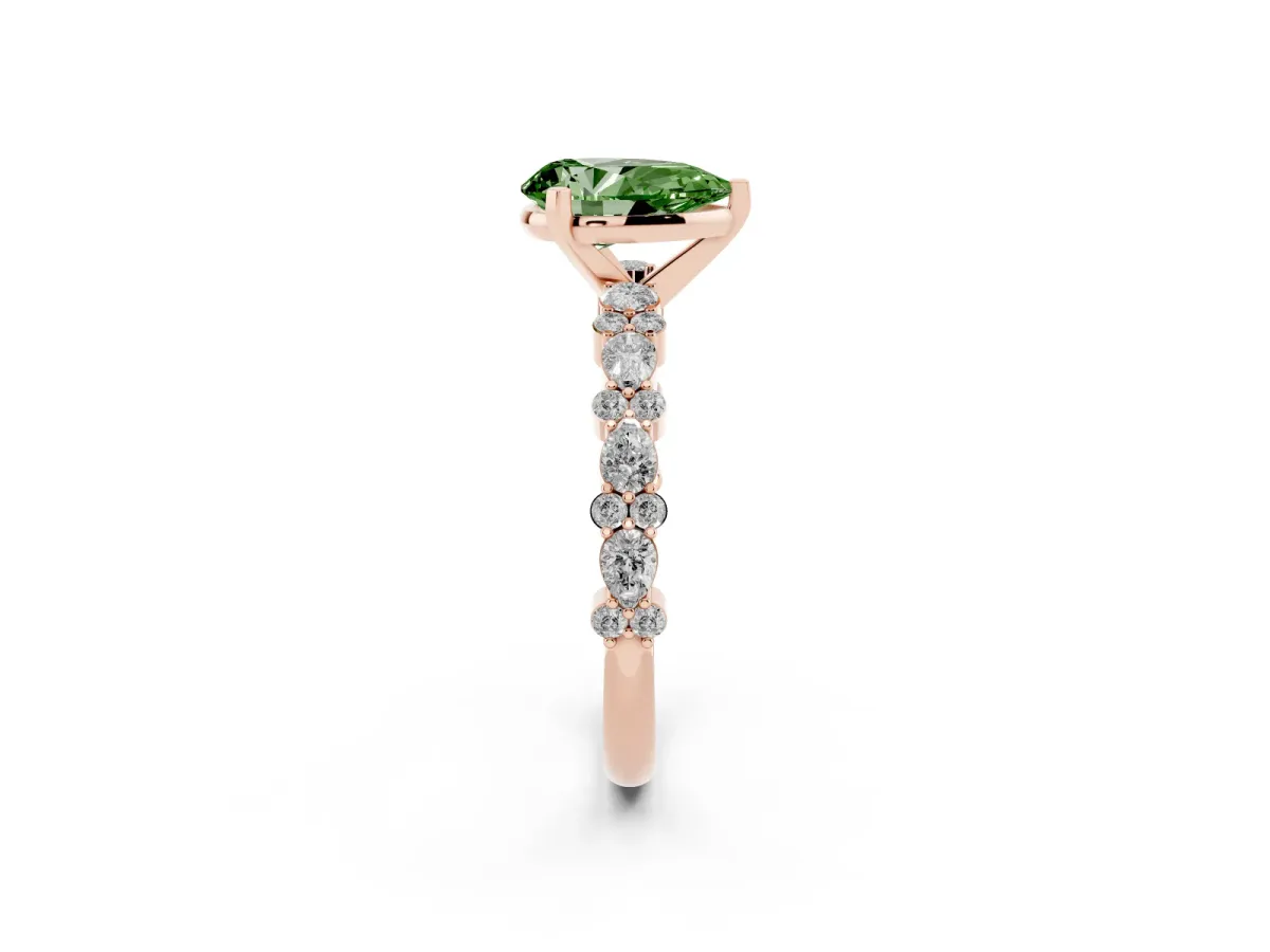 Fancy Green Pear Cut Diamond Side Stone Solitaire Ring with Round and Four-Prong Setting Rose gold