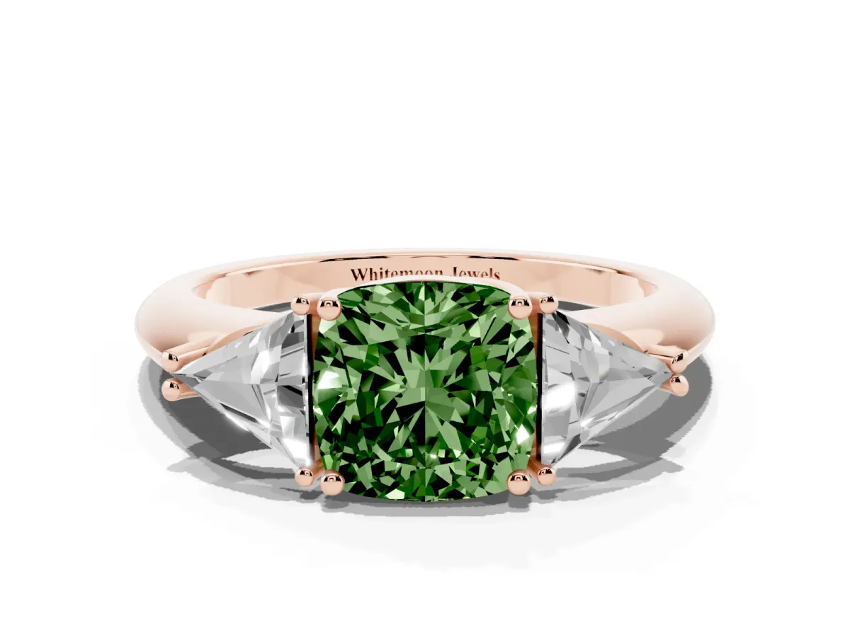 Fancy Green Three-Stone Cushion Cut Diamond Engagement Ring with Trillion Side Stones and Prong Setting Rose gold