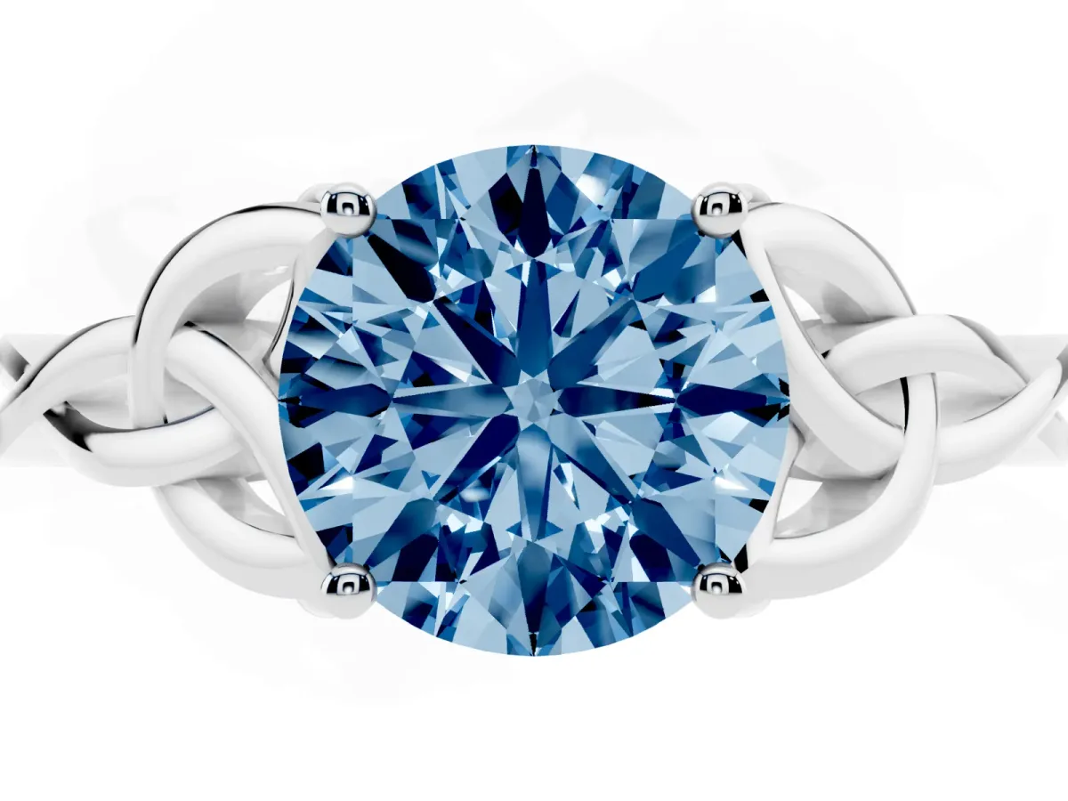Fancy Blue Round Cut Diamond Solitaire Engagement Ring with Celtic Knot Band and Four-Prong Setting Silver