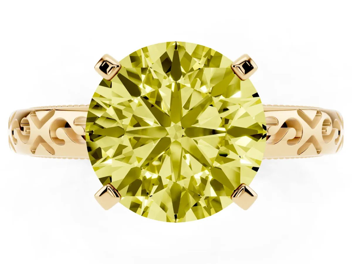 Fancy Yellow Round Cut Solitaire Engagement Ring with Scrollwork Band and Four-Prong Setting Yellow gold