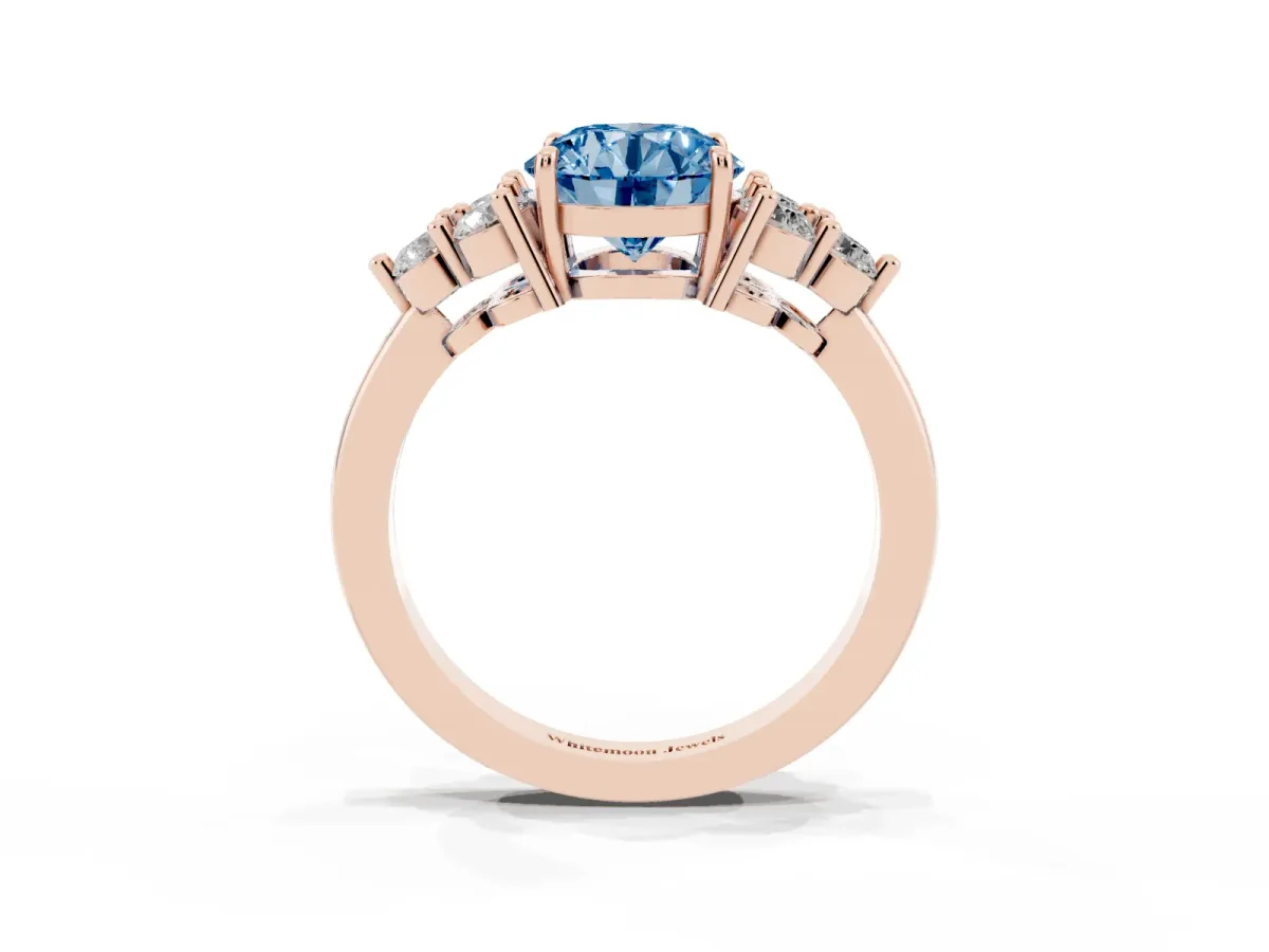 Fancy Blue Round Cut Brilliant Diamond Cluster Accent Solitaire Ring with Prong Setting Rose gold