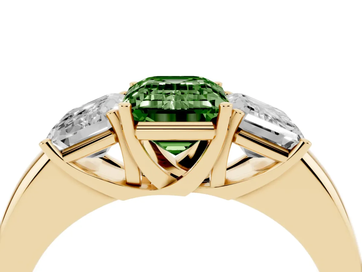Fancy Green Emerald Cut Diamond Three-Stone Ring with Four-Prong Setting and Classic Band Yellow gold