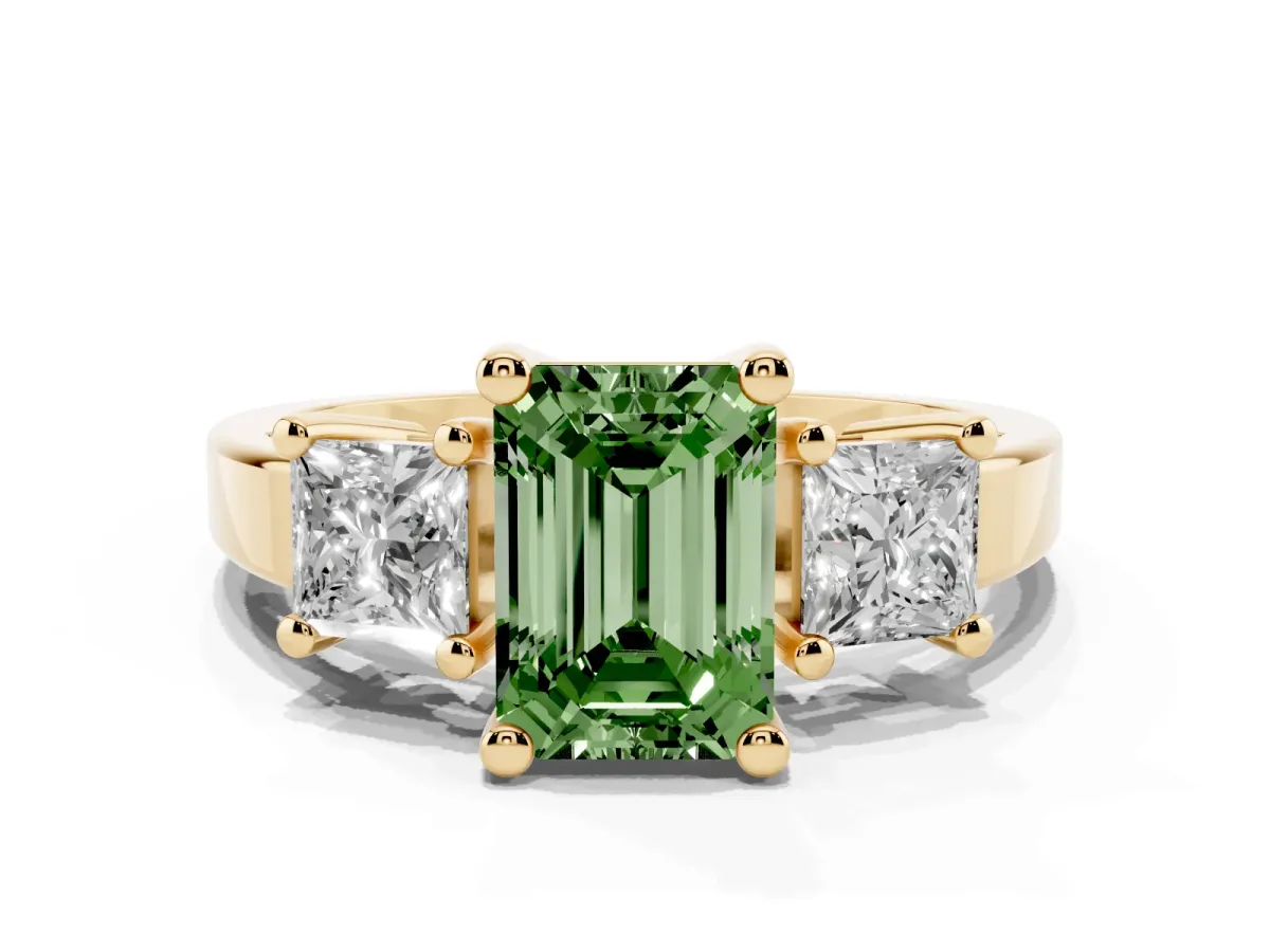 Fancy Green Three-Stone Emerald Cut Cut Solitaire Ring with Prong Setting Yellow gold