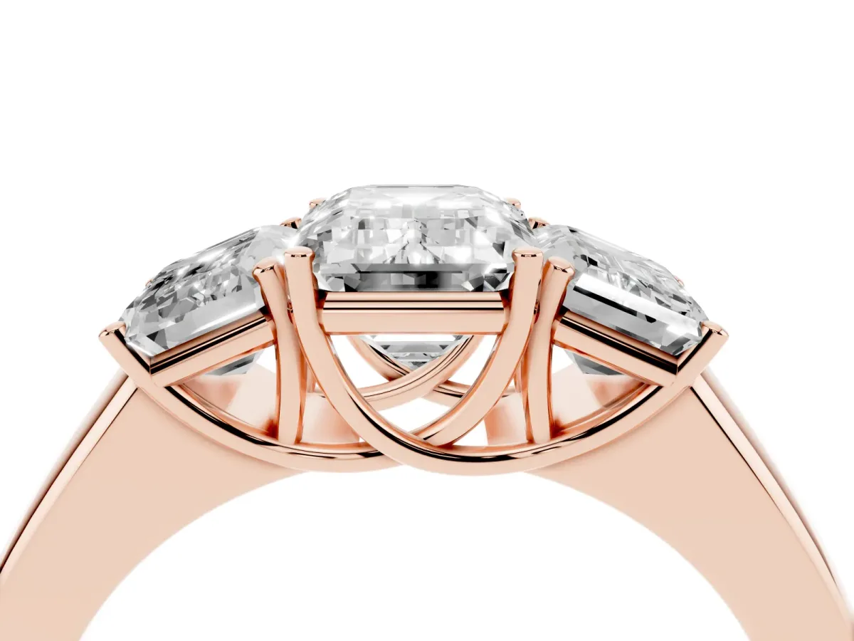 Three-Stone Emerald Cut Cut Diamond Ring with Prong Setting and Classic Band Rose gold