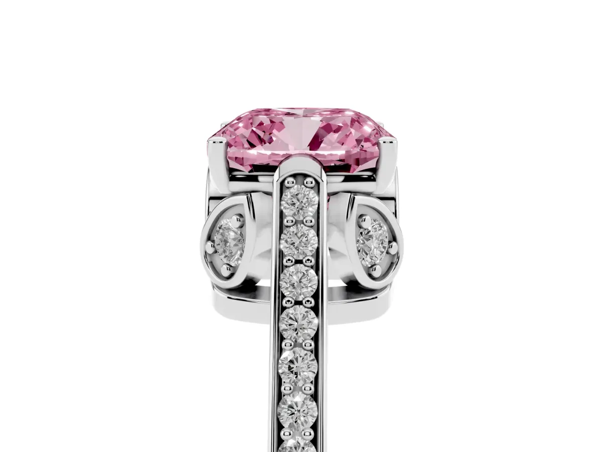 Fancy Pink Cushion Cut Cut Cathedral Pave Diamond Engagement Ring with Six-Prong Setting Silver