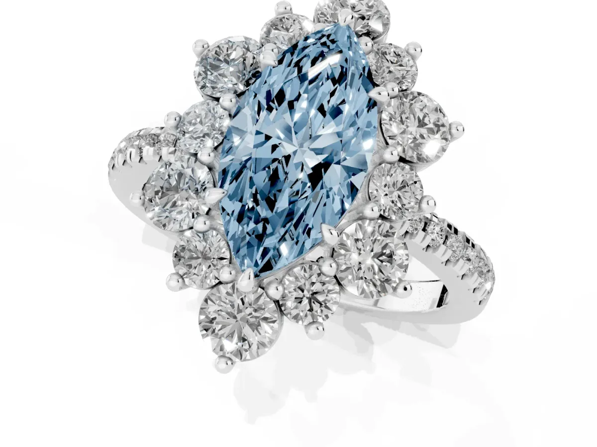 Fancy Blue Marquise Cut Diamond Floral Halo Ring with Round Pavé Band and Prong Setting White gold
