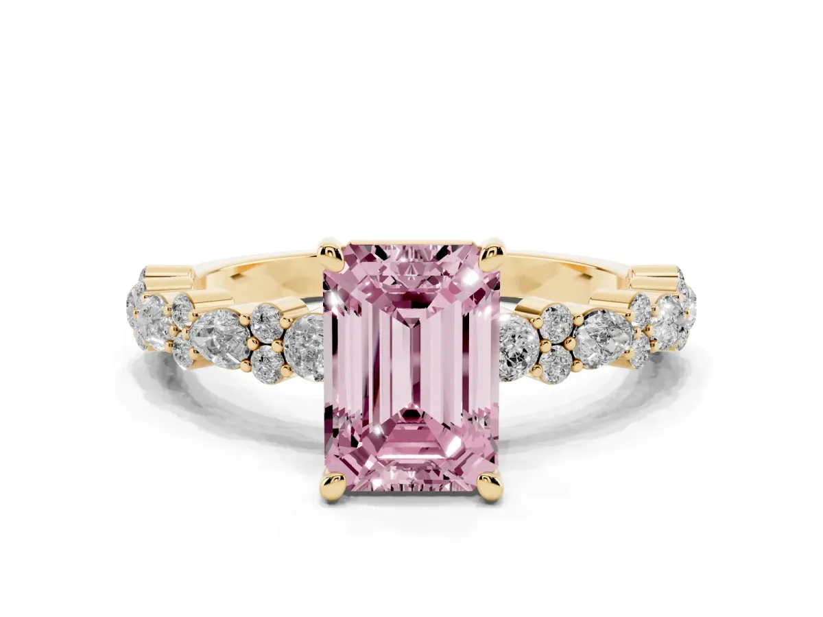 Fancy Pink Emerald Cut Diamond Side Stone Solitaire Ring with Round and Four-Prong Setting Yellow gold