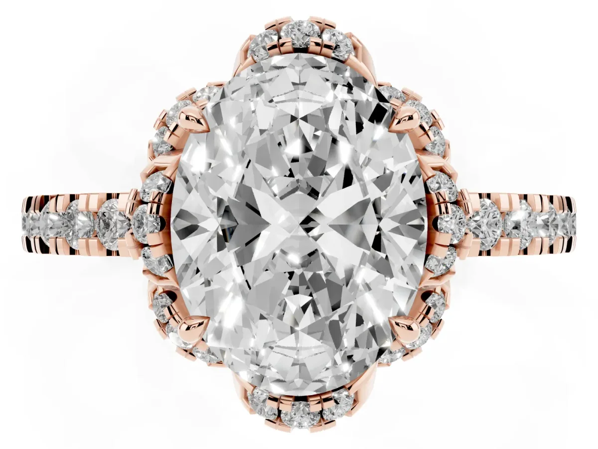 Oval Cut Diamond Halo Pave Band with Four-Prong Setting Rose gold