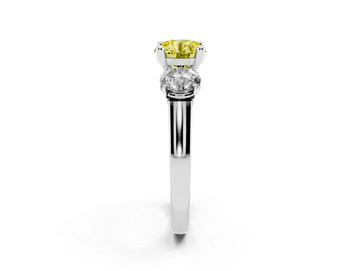 Fancy Yellow Three-Stone Round Cut Brilliant Diamond Trellis Ring with Comfort Fit Band White gold