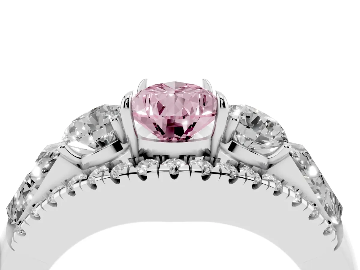 Fancy Pink Three-Stone Pear Cut Diamond Engagement Ring with Pave Band and Prong Setting Silver