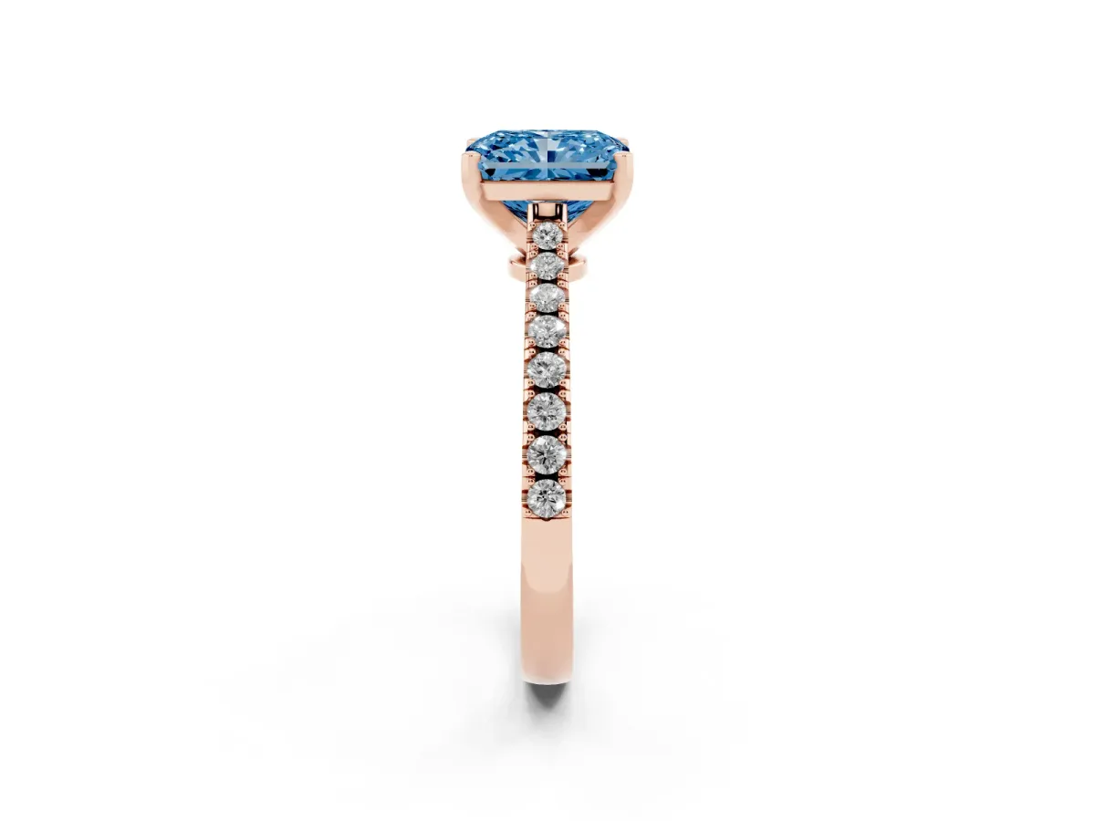 Fancy Blue Radiant Cut Cut Solitaire Diamond Engagement Ring with Pave Band and Four-Prong Setting Rose gold