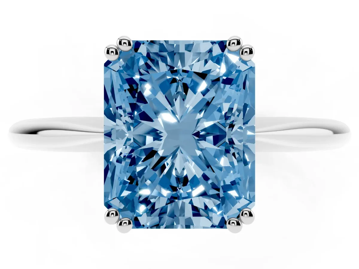 Fancy Blue Radiant Cut Solitaire Diamond Ring with Six-Prong Setting and Classic Band Silver