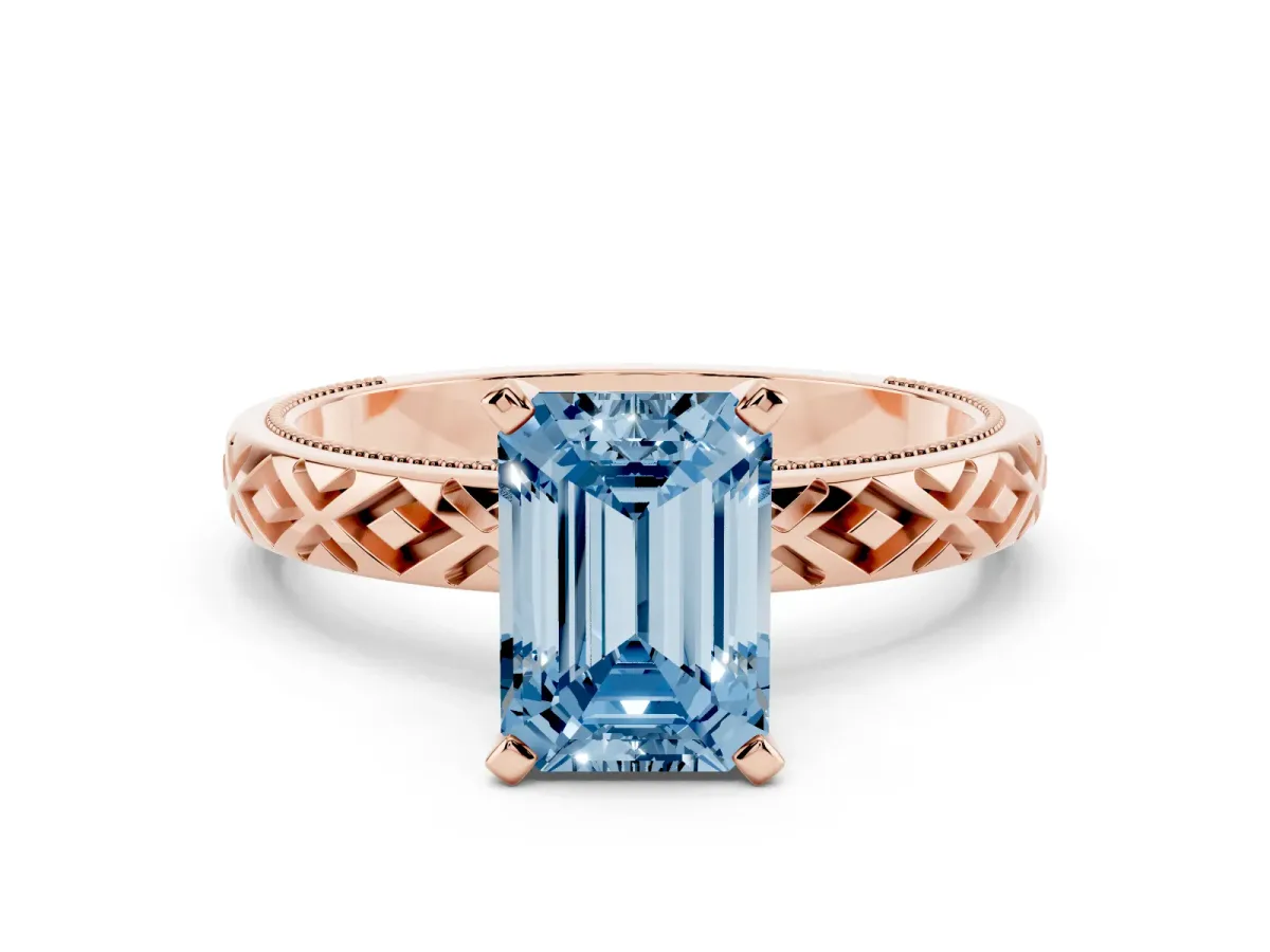 Fancy Blue Emerald Cut Solitaire Diamond Ring with Milgrain and Black Enamel X Pattern Band Rose gold