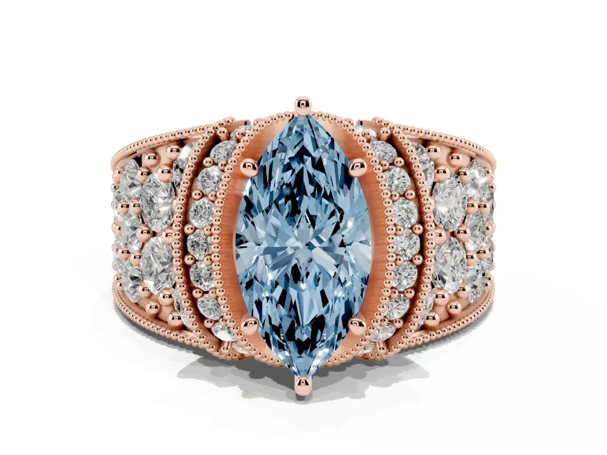 Fancy Blue Marquise Cut Halo Pave Diamond Engagement Ring with Milgrain Detailing Rose gold