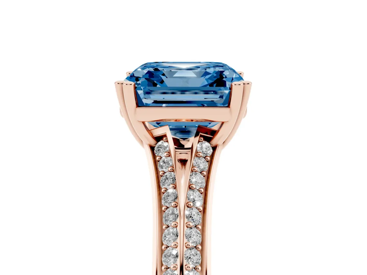 Fancy Blue Asscher Cut Diamond Split Shank Engagement Ring with Pavé Band Rose gold