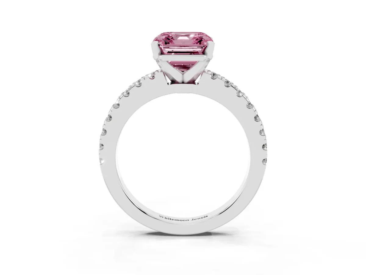 Fancy Pink Asscher Cut Solitaire Diamond with Pavé Band and Four-Prong Setting Platinum