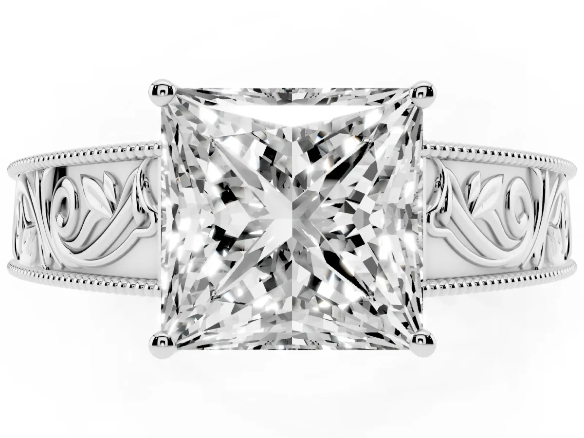 Princess Cut Diamond Solitaire Ring with Engraved Band and Four-Prong Setting White gold