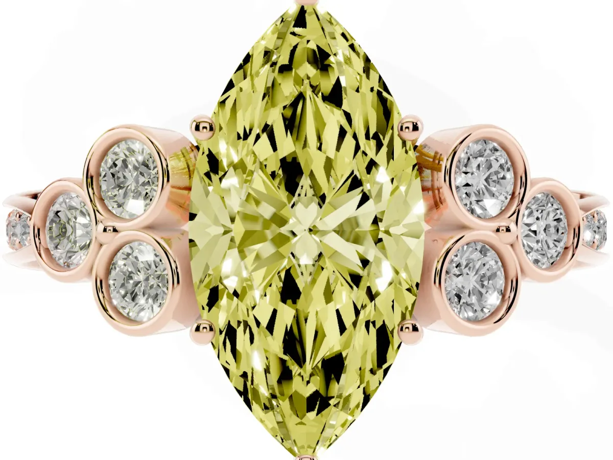 Fancy Yellow Marquise Cut Cut Diamond Engagement Ring with Bezel Set Round Side Stones and Prong Setting Rose gold