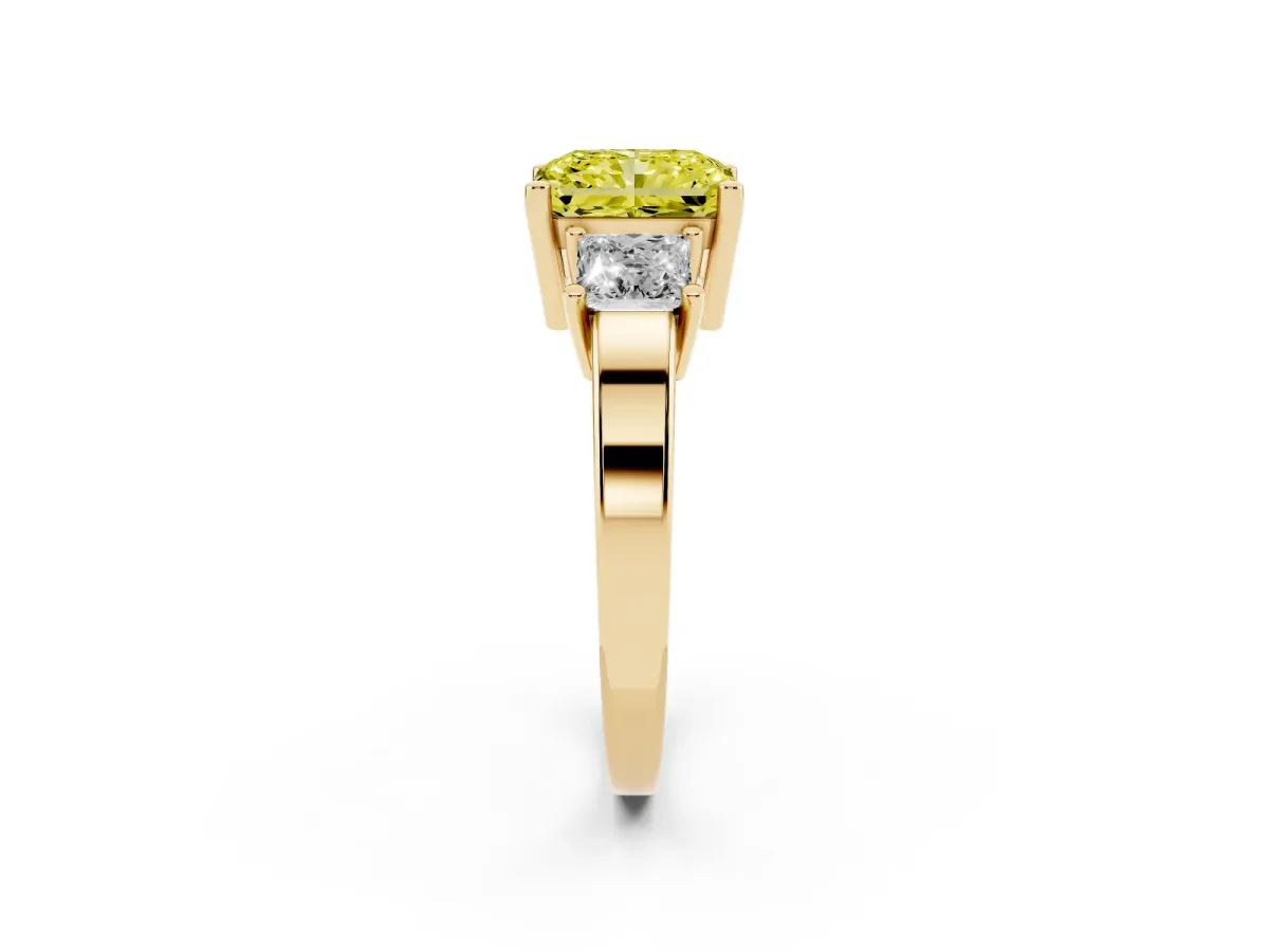 Fancy Yellow Three-Stone Radiant Cut Cut Solitaire Ring with Prong Setting Yellow gold