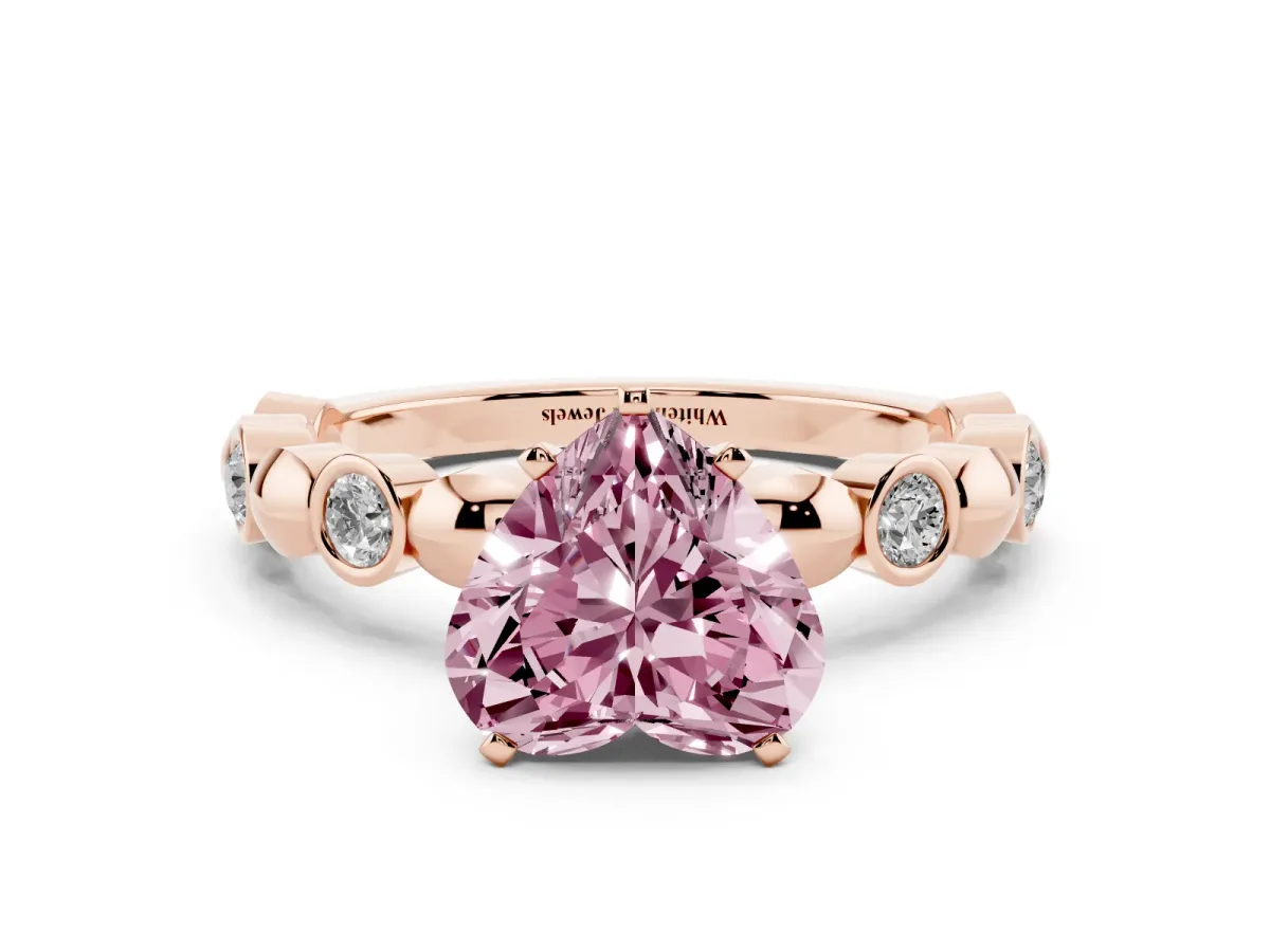 Fancy Pink Heart Cut Solitaire Bezel-Set Diamond Ring with Beaded Band and Four-Prong Setting Rose gold