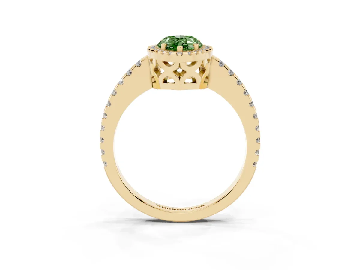 Fancy Green Pear Cut Diamond Halo Engagement Ring with Pavé Band and Prong Setting Yellow gold