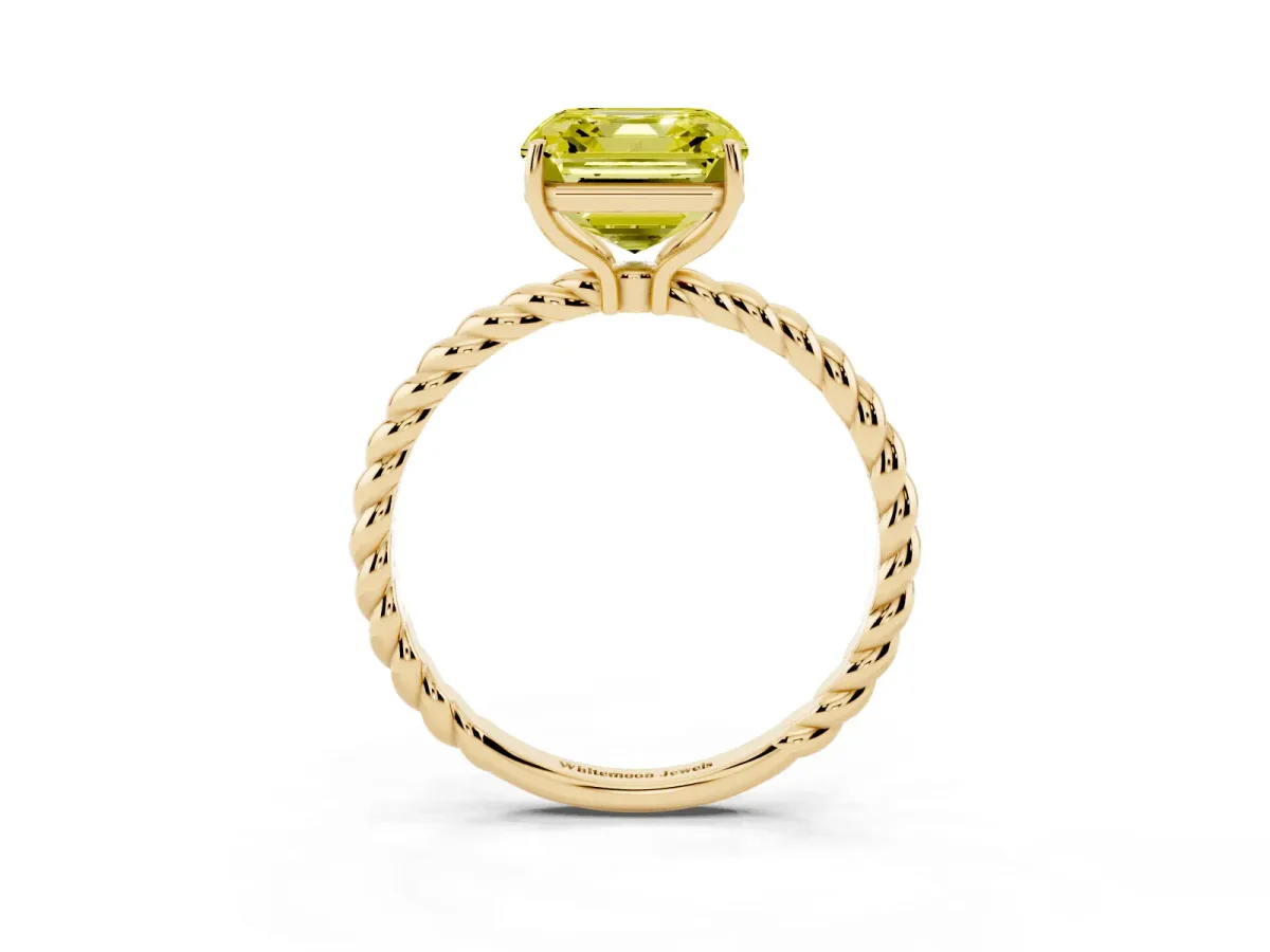 Fancy Yellow Asscher Cut Solitaire Twist Band Ring with Four-Prong Setting Yellow gold