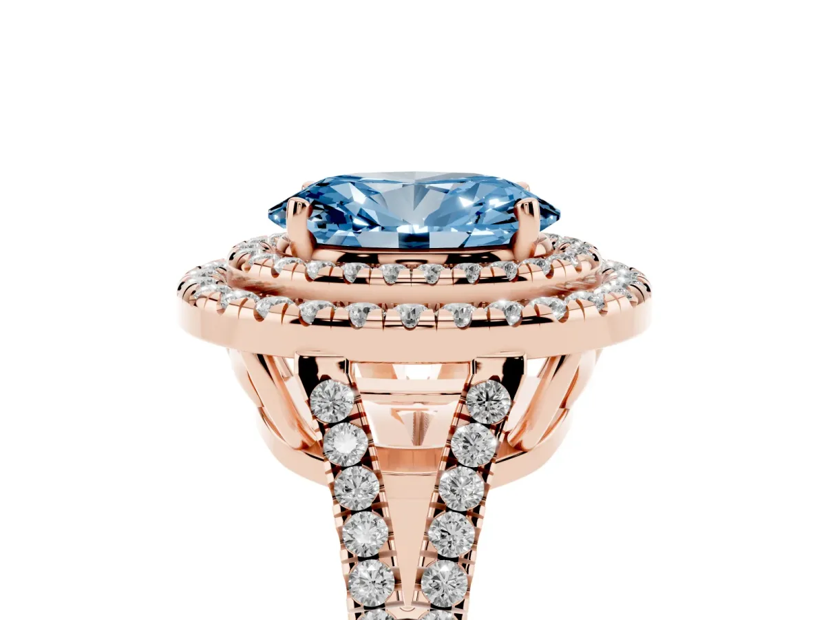 Fancy Blue Oval Cut Diamond Double Halo Ring with Pavé Band and Prong Setting Rose gold