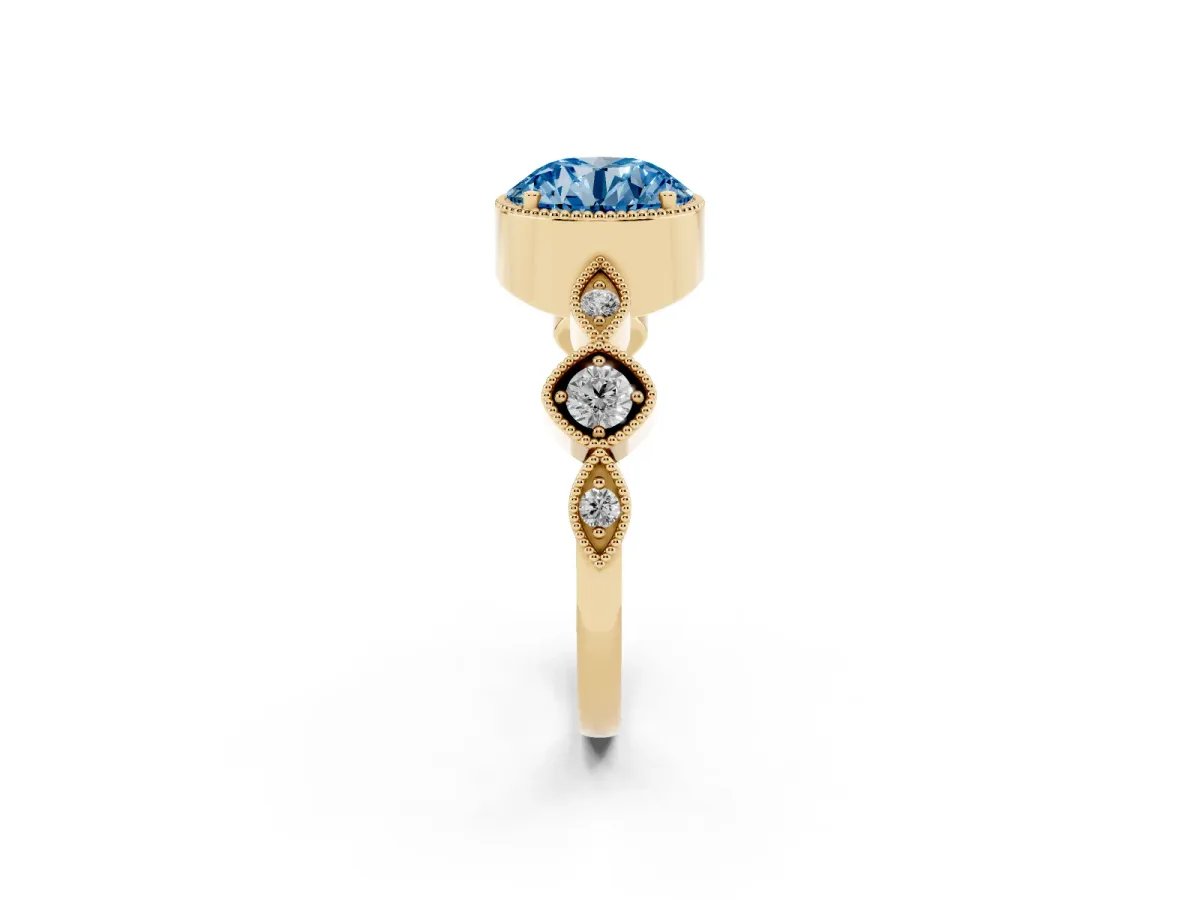 Fancy Blue Round Cut Diamond Vintage Milgrain Ring with Round Stations Yellow gold
