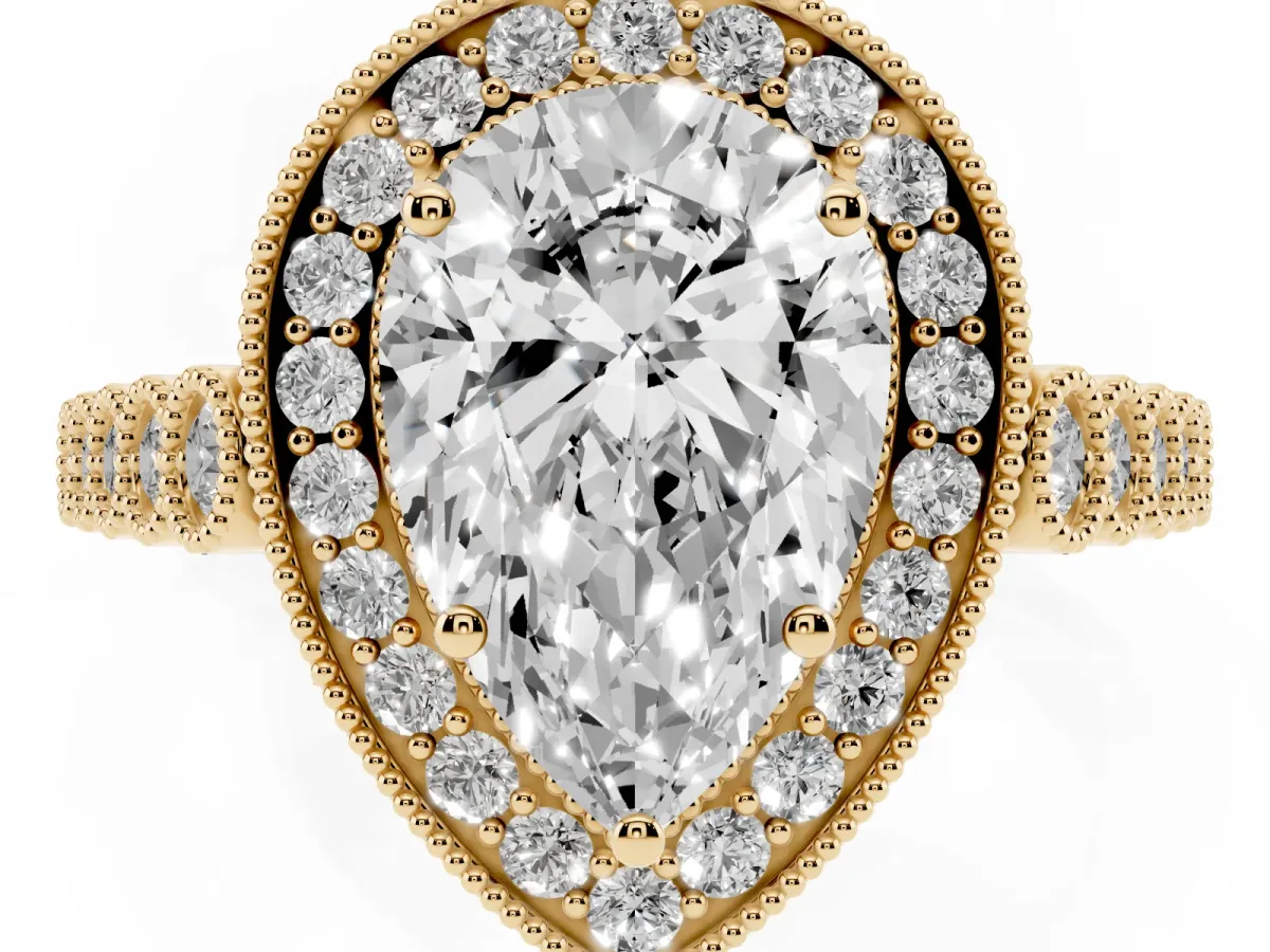 Pear Cut Halo Twist Band Solitaire Ring with Six-Prong Setting Yellow gold