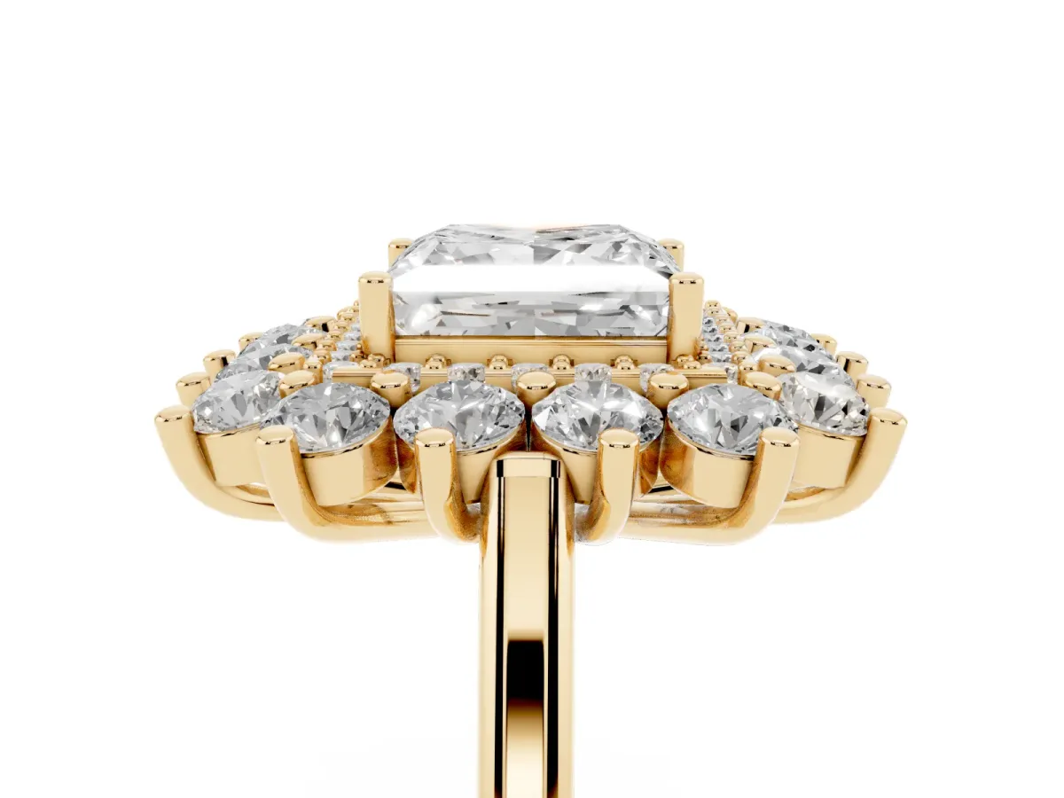 Princess Cut Diamond Floral Double Halo Engagement Ring with Prong Setting Yellow gold
