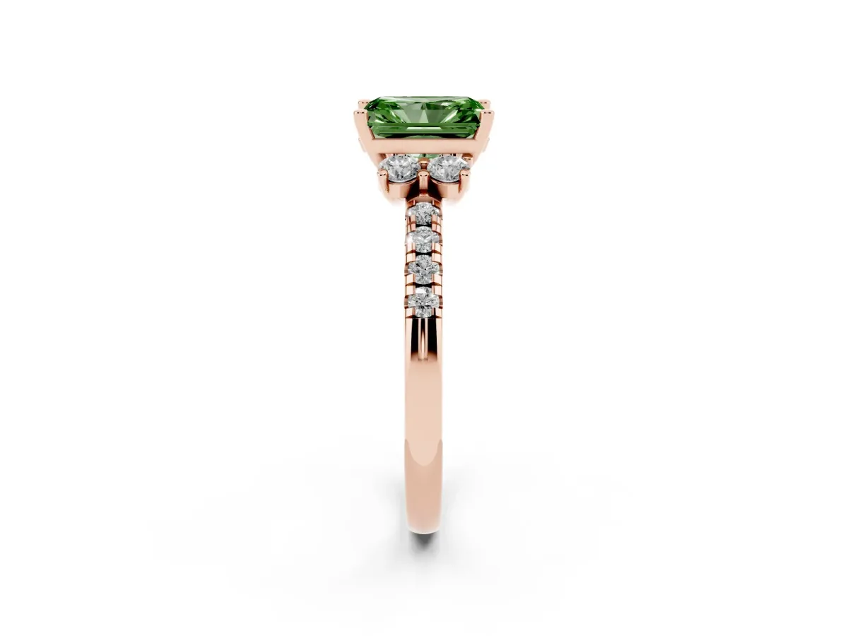 Fancy Green Radiant Cut Diamond Three-Stone Pave Band with Four-Prong Setting Rose gold