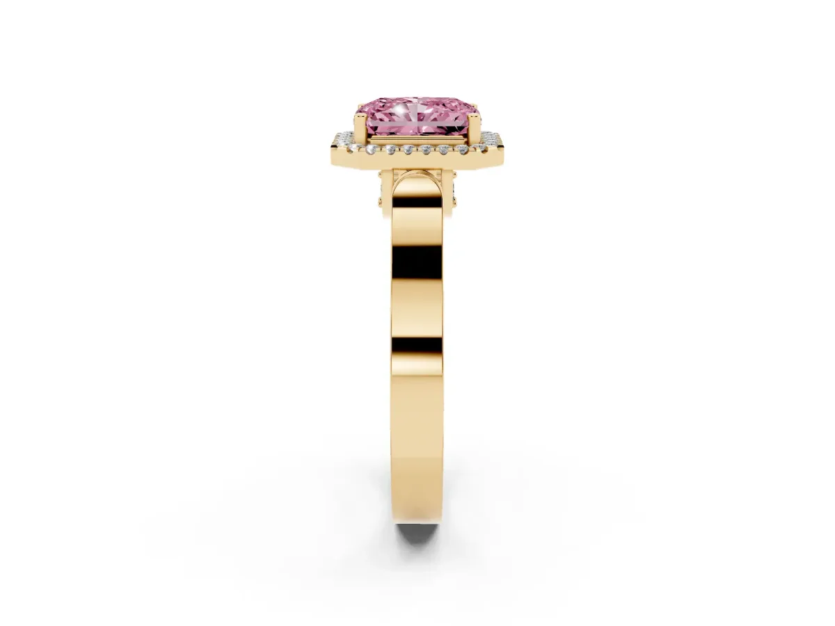 Fancy Pink Radiant Cut Halo Pave Split Shank Prong Setting Ring Yellow gold