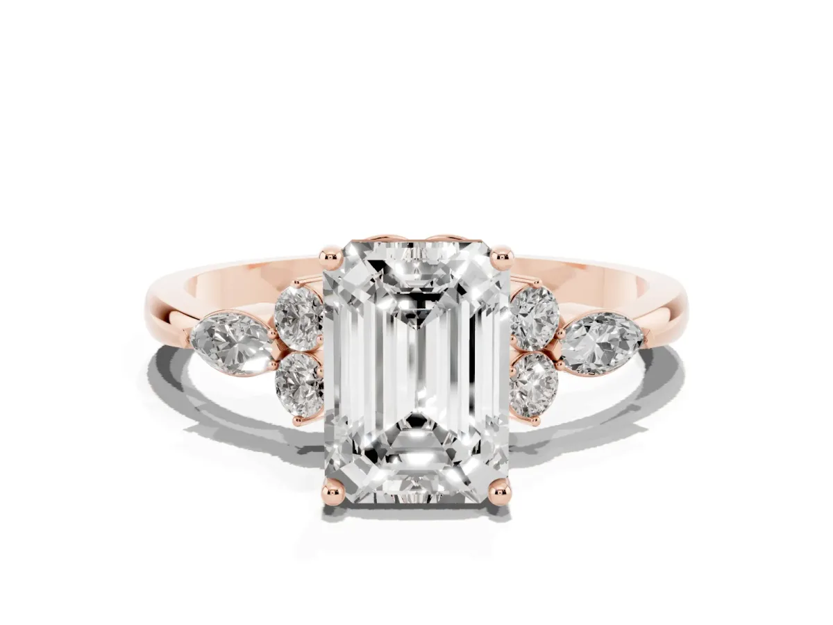 Emerald Cut Brilliant Diamond Solitaire Ring with Pear Side Stones and Four-Prong Setting Rose gold