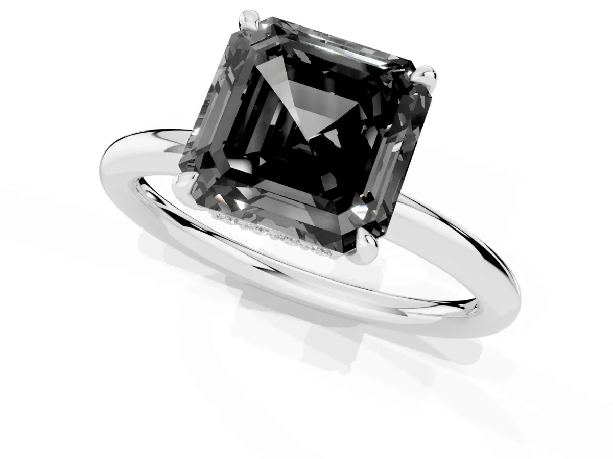 Fancy Black Asscher Cut Diamond Solitaire Ring with Thin Band and Four-Prong Setting Silver