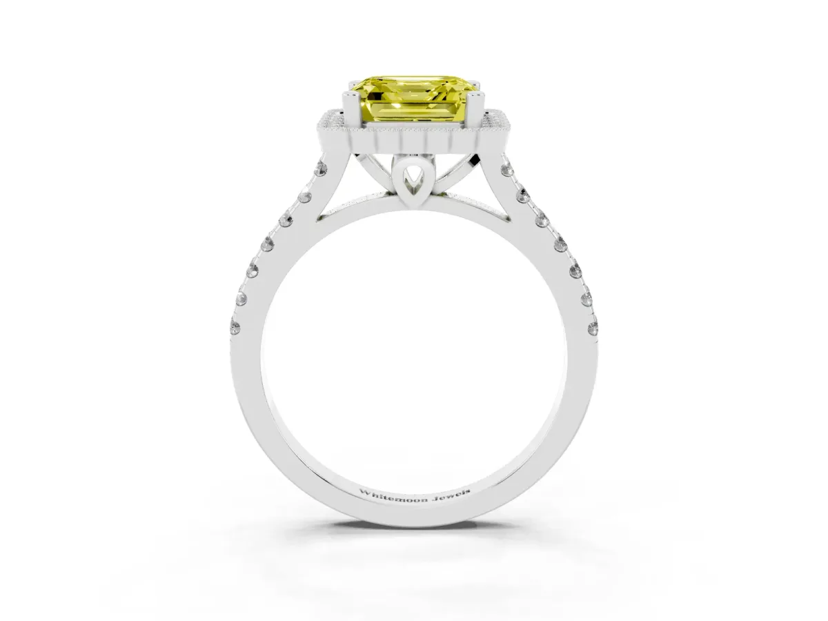 Fancy Yellow Asscher Cut Cut Diamond Milgrain Floral Halo Engagement Ring with Pavé Band Silver