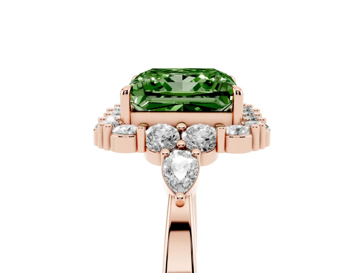 Fancy Green Princess Cut Diamond Halo Ring with Pear Side Stones and Prong Setting Rose gold