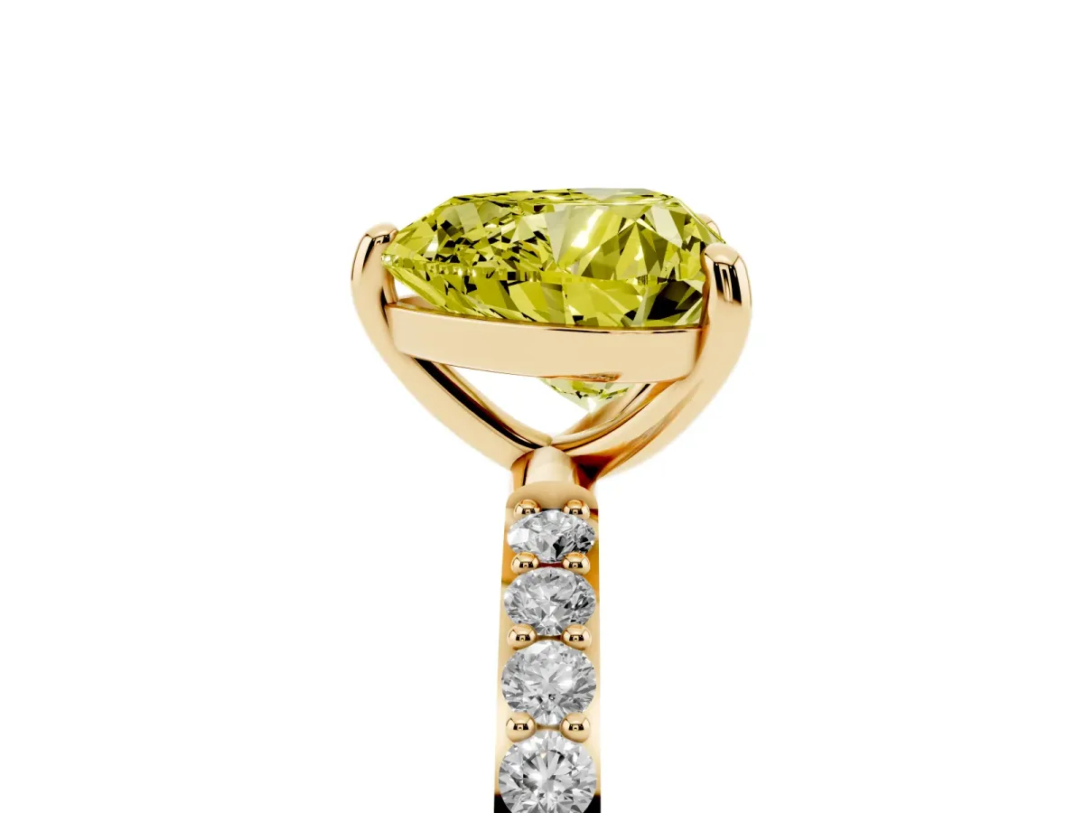Fancy Yellow Heart Cut Diamond Solitaire Ring with Round Pavé Band and Prong Setting Yellow gold