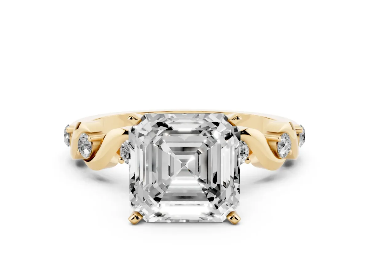 Asscher Cut Diamond Solitaire Twisted Band with Round Accents and Prong Setting Yellow gold