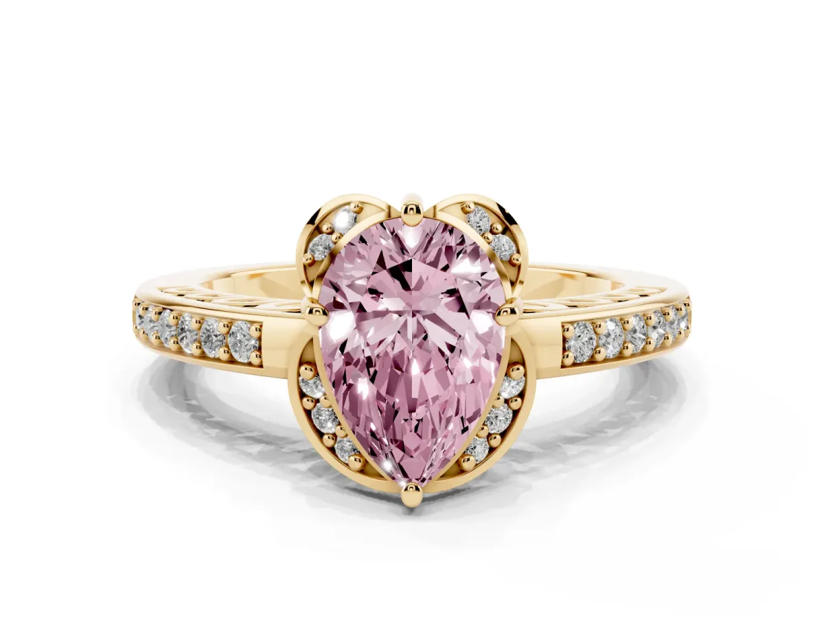 Fancy Pink Pear Cut Cut Halo Diamond Ring with Channel Set Band and Four-Prong Setting Yellow gold