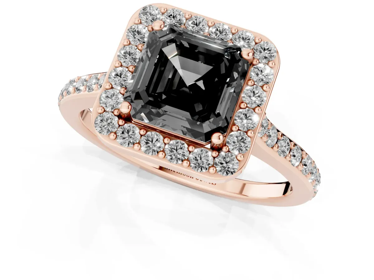 Fancy Black Asscher Cut Diamond Halo Engagement Ring with Round Pavé Shoulders and Prong Setting Rose gold
