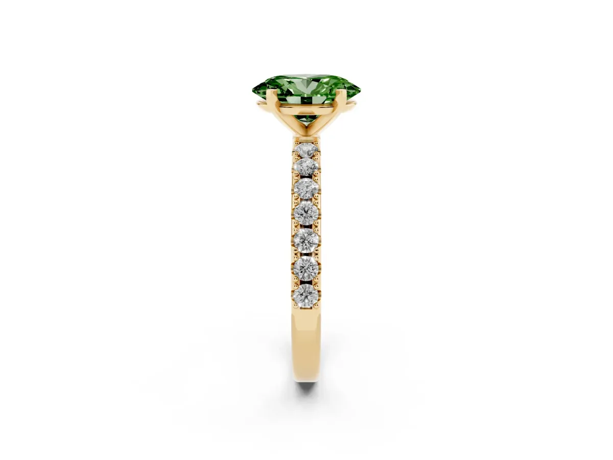 Fancy Green Oval Cut Diamond Solitaire Pavé Band with Four-Prong Setting Yellow gold